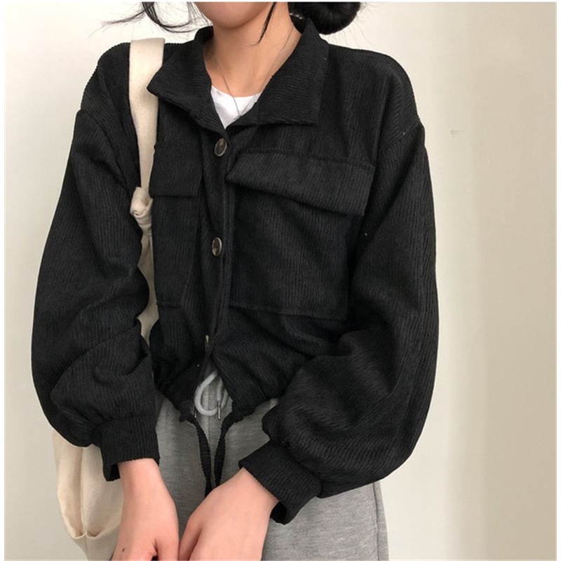 [3 color]Korean Style Jaket Korduroi Wanita Vintage Oversize Lengan Panjang Warna Solid Atasan Kekinian Corduroy Crop Kasual Jaket