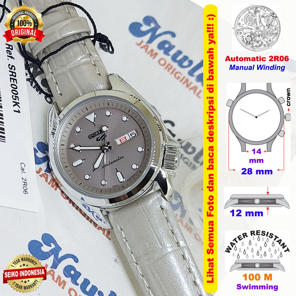 Seiko 5 Sports SRE005K1 Ladies Grey Leather - Jam Tangan Wanita SRE005