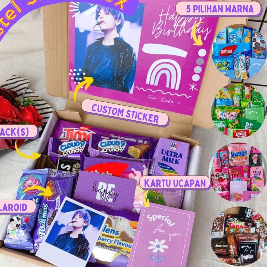 

[Dijamin Ori>]Pastel Snack Box | Kado jajan hampers Snackbox Hadiah Wisuda Ultah Cewek Gift Pink Ungu Hijau Biru kado valentine hampers valentine