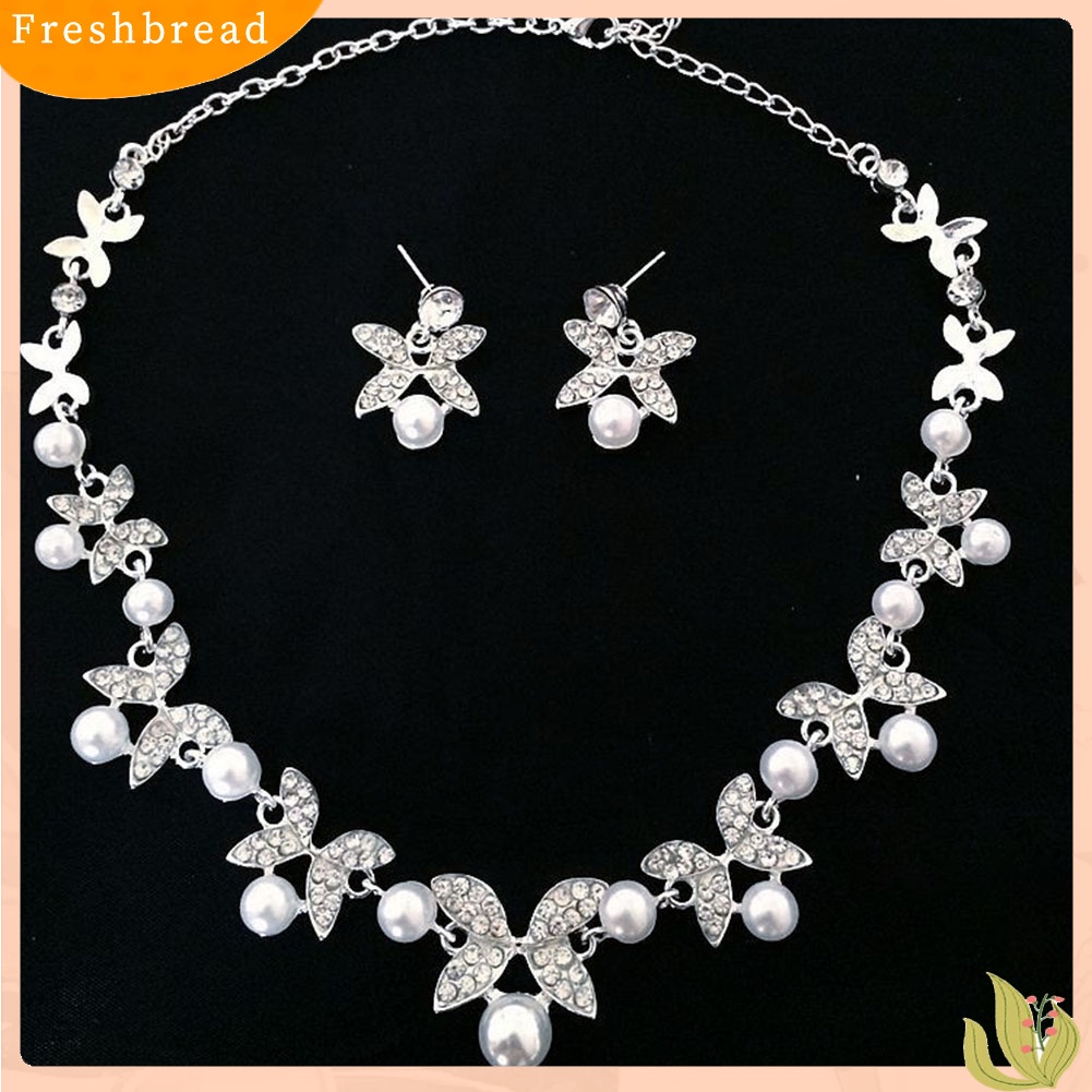 Set Perhiasan Kalung Anting Stud Rantai Mutiara Berlian Imitasi Untuk Pengantin Wanita