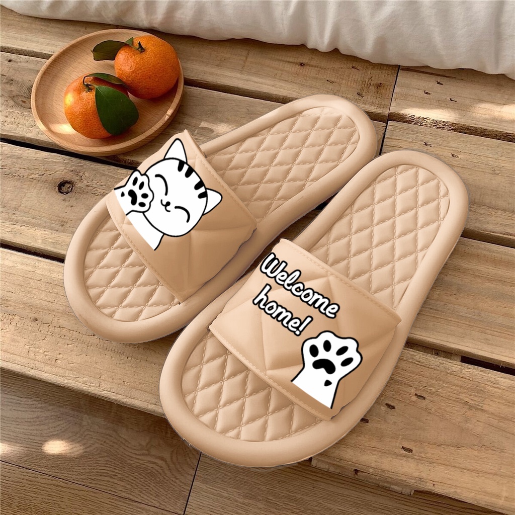 SANDAL KOKOP WANITA MOTIF BEAR | SENDAL KOKOP TERBARU DEWASA MOTIF EMBOS UNIK SELOP-CAT KREM