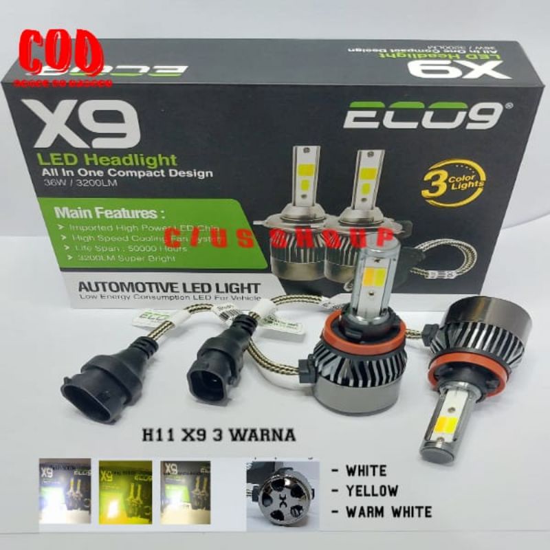 LAMPU LED  HEADLAMP FOGLAMP MOBIL H4 H11 H7 HB3(9005) HB4(9006) X9 ECO9 3 WARNA PUTIH, KUNING, DAN WARM WHITE