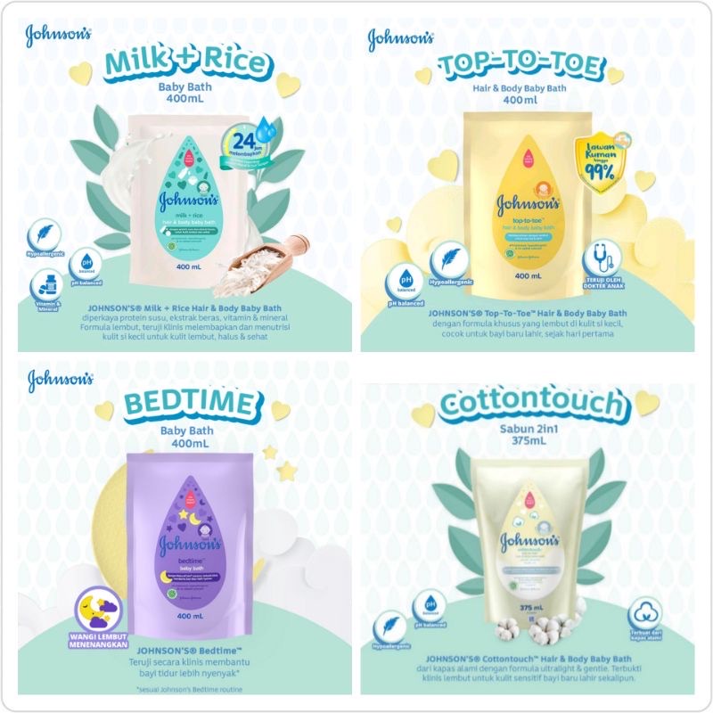 Johnson's REFILL Top to toe wash, milk rice, bedtime, cotton touch baby bath  johnson jhnson Refill