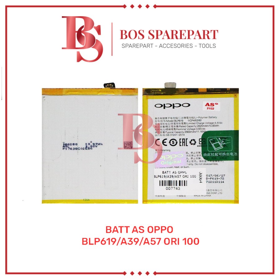 BATTERY AS OPPO BLP619 / A39/A57 ORI 100 / BATERAI / BATRE