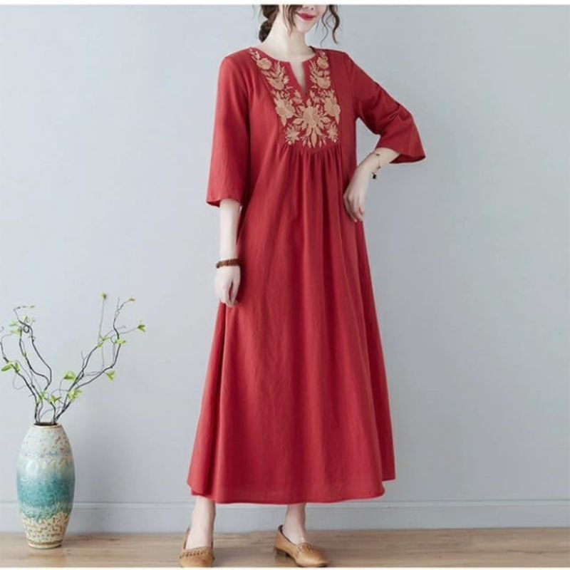 73370 Baju Maxidress Longdress dress gaun BOHO dres Korea bordir polos Korea style cewek import baju