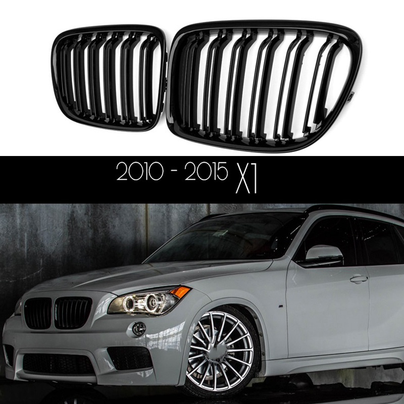 Bumper Depan Hitam Glossy Dual Slat Front Kidney Grille Untuk-BMW X1 Series E84 SDrive XDrive 2009-2015