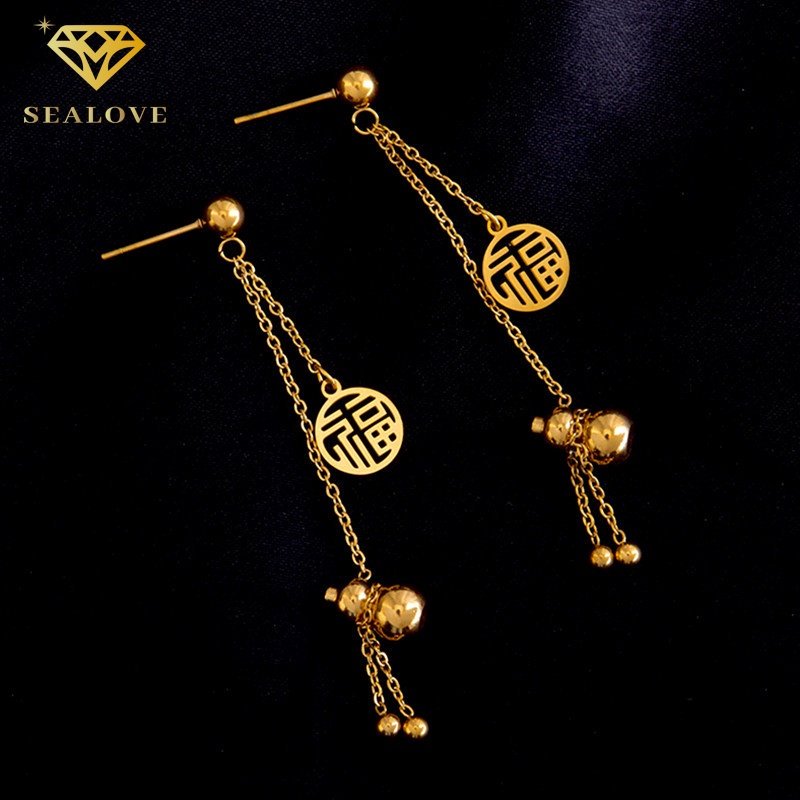 Anting Titanium Korea panjang liontin FU Emas 18K Anti Karat dan anti luntur asli Aksesoris Perhiasan Wanita