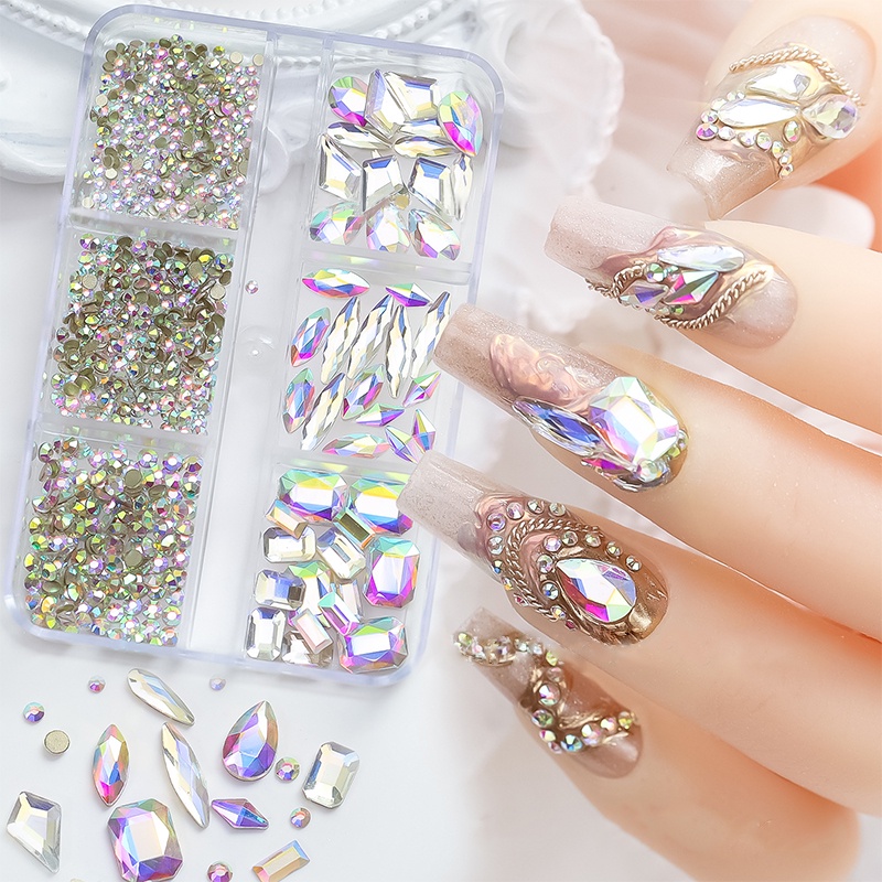 6 Grid / Kotak Aksesoris Perhiasan Nail Art Butterfly Charms Flatback Metal Moon Rhinestones 3D DIY