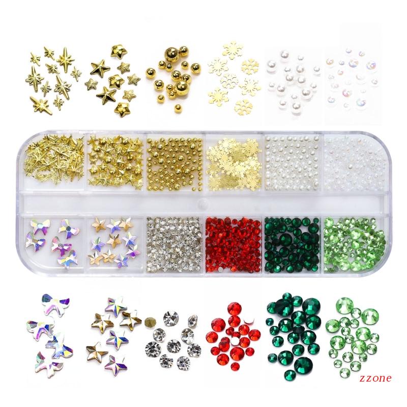 Zzz Hiasan Kuku Bentuk Snowflake + Mutiara + Berlian Imitasi Bahan Metal Untuk Nail Art / Manicure DIY