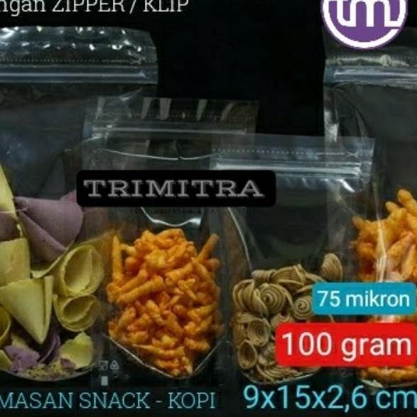 Lebih Puas Plastik Kemasan 915 Snack Standing Pouch Bening Klip Zipper 100 gram