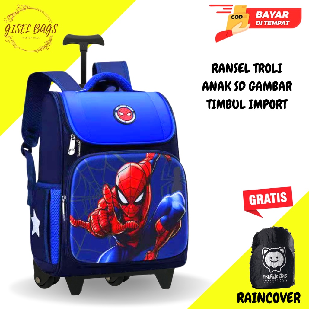 Tas trolley anak laki laki sekolah tk sd import gambar karakter superhero waterproof