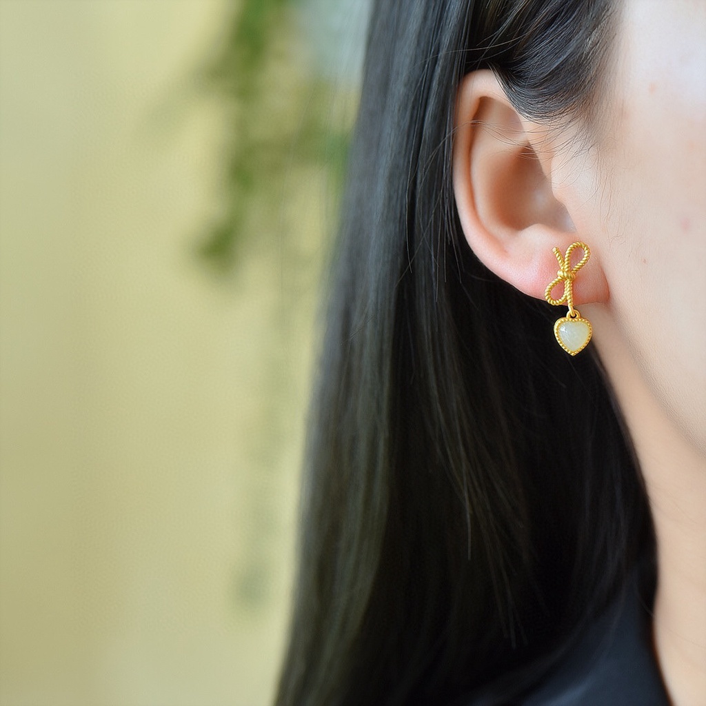 Goldkingdom Perhiasan Fashion Emas Asli Kadar 375 Bangkok Aksesoris Ready Stock Cinta Berlapis Emas Hati Busur Kecil Halus Gaya Pendek Dan Tianyu Anting Wanita