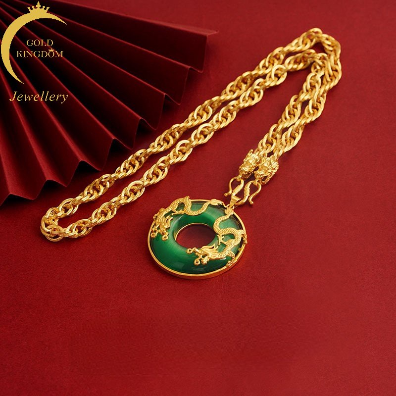 Goldkingdom Fashion Perhiasan Emas Asli Kadar 375 Bangkok Aksesoris Ready Stock Mendominasi Naga Ganda Hijau Kalsedon tag Menguntungkan Kalung Liontin