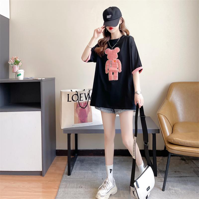 [littlecrab] Kaos Oversize Beruang Super Bearbrlck Hitam Putih Pink T-shirt Couple Unisex Bear Jahit Unik Aesthetic Simple Elegan Two Tone Berkualitas Korean Style