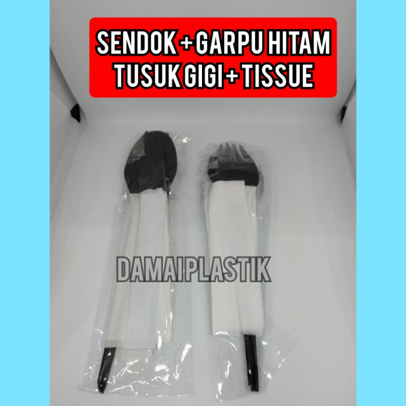 Sendok Set Premium Hitam Garpu Tusuk Gigi Steril Tissue