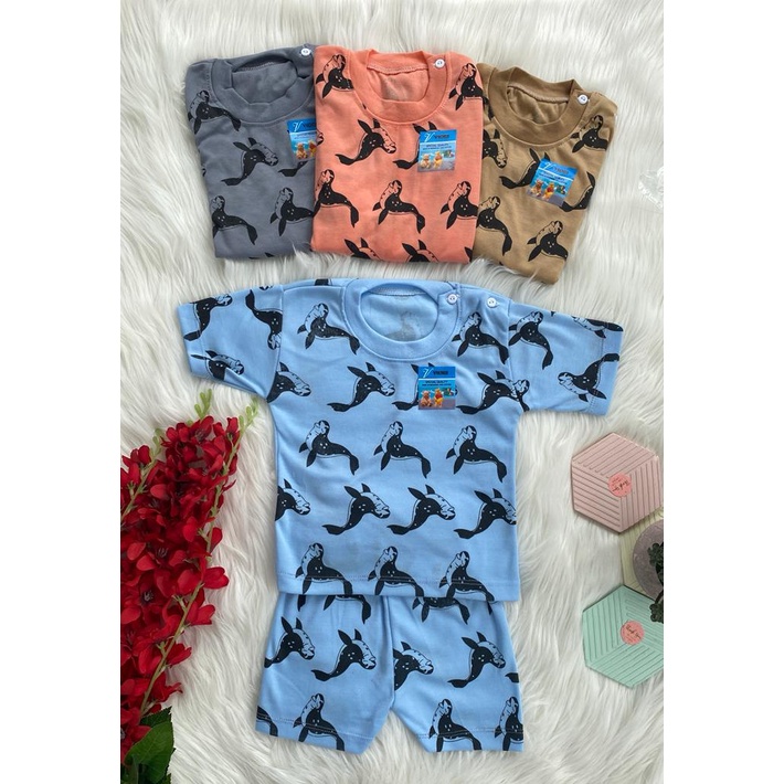 stelan baju anak lucu murah motif singa laut PENDEK 3-18 bulan (ONE SIZE)