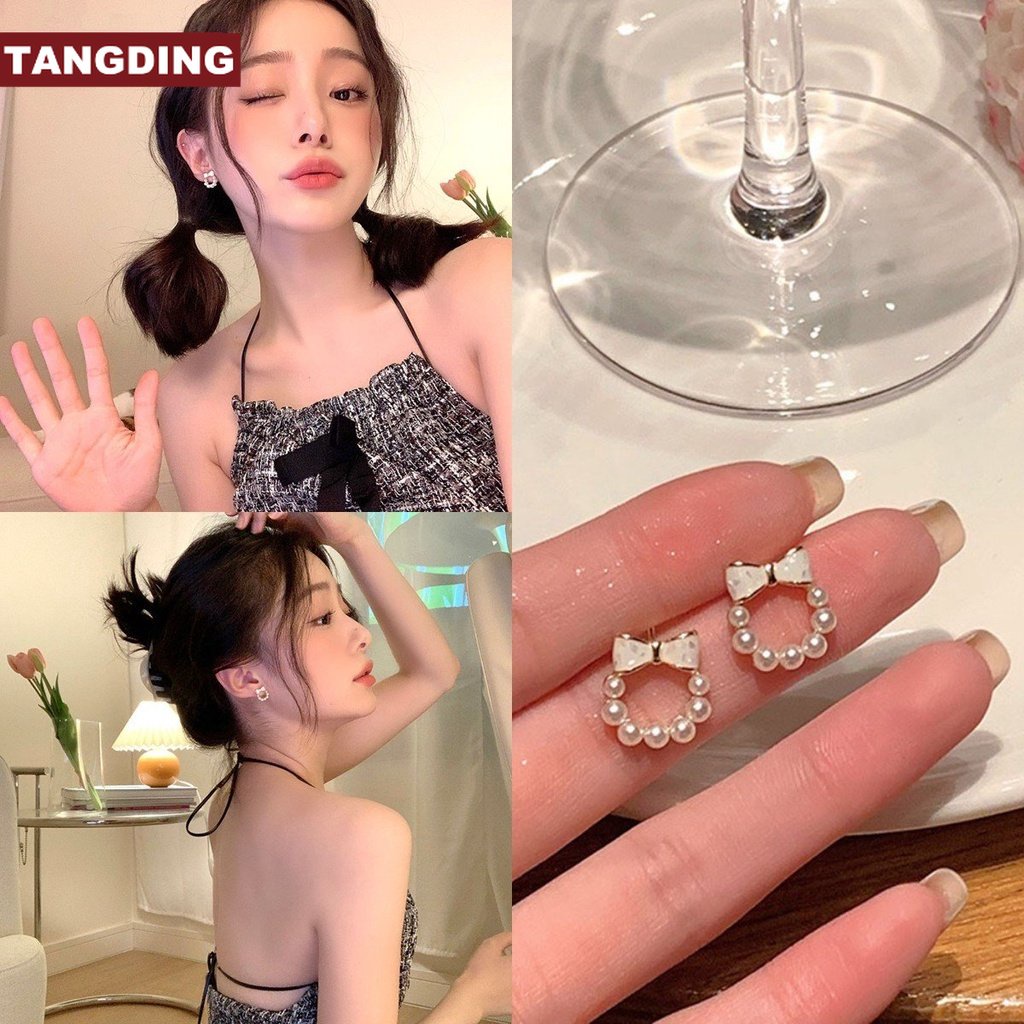 【COD Tangding】Anting Stud Desain Pita Aksen Mutiara Gaya Korea Untuk Wanita