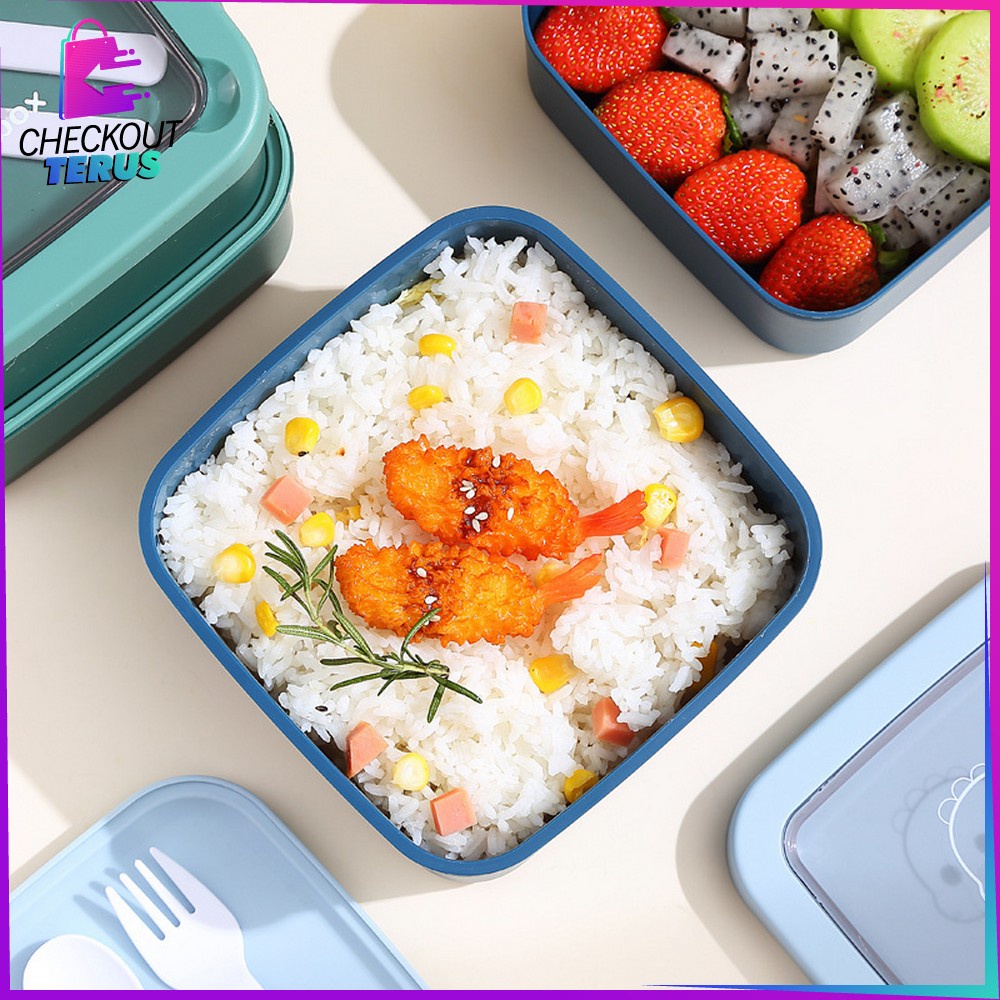 CT C695 Tempat Makan 2 Susun Stackable BPA FREE Kotak Bento Tingkat Dengan Sendok Garpu Set Portable Lunch Box Set