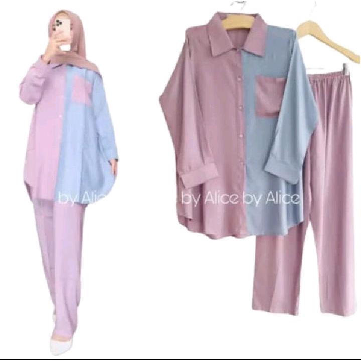 Setelan Basic / Baju Stelan / Basic Daily Set (Baju + Celana) Set Wanita Terbaru // Stelan Kemeja Polos Rayon Kombinasi LATIFA-FASHION006