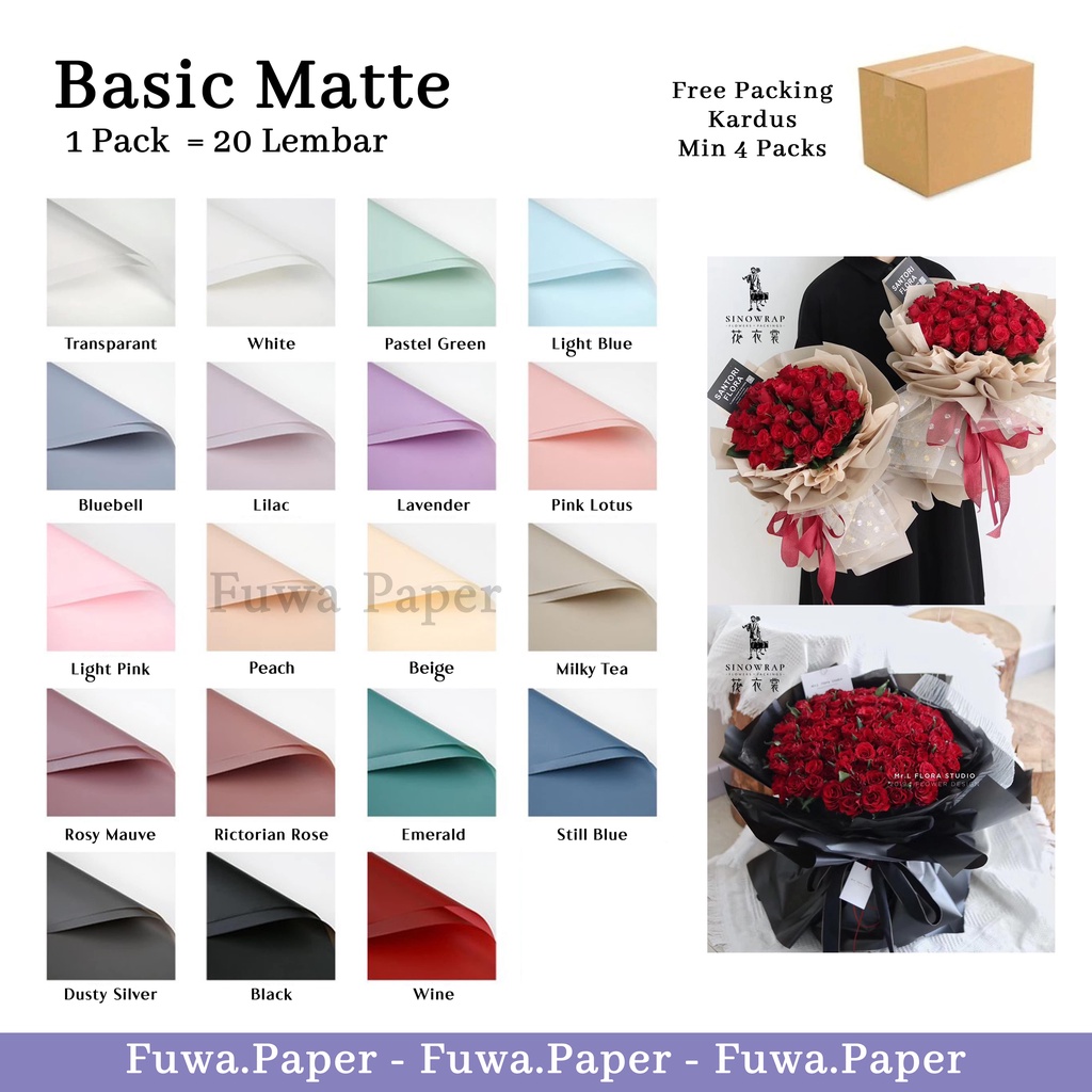 

Basic Matte Flower Wrapping Paper Waterproof Korean Wrapping Kertas Buket Bunga Perlengkapan Florist Cellophane (1 Pack = 20 Lembar) FUWA FLOWER PAPER WRAPPING