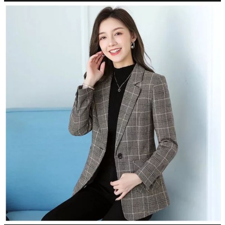Blazer Tartan Wanita Korea Blazer Wanita Kantor Kekinian