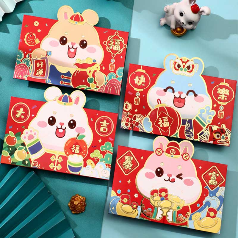 4 Pcs Amplop Angpao Tahun Baru Cina / Imlek Motif Kartun Kelinci Warna Merah 2023