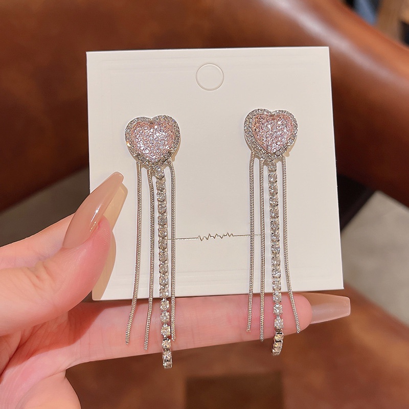 Anting Stud 925 silver needle Model Rumbai Panjang Bentuk Hati Warna Pink Untuk Wanita