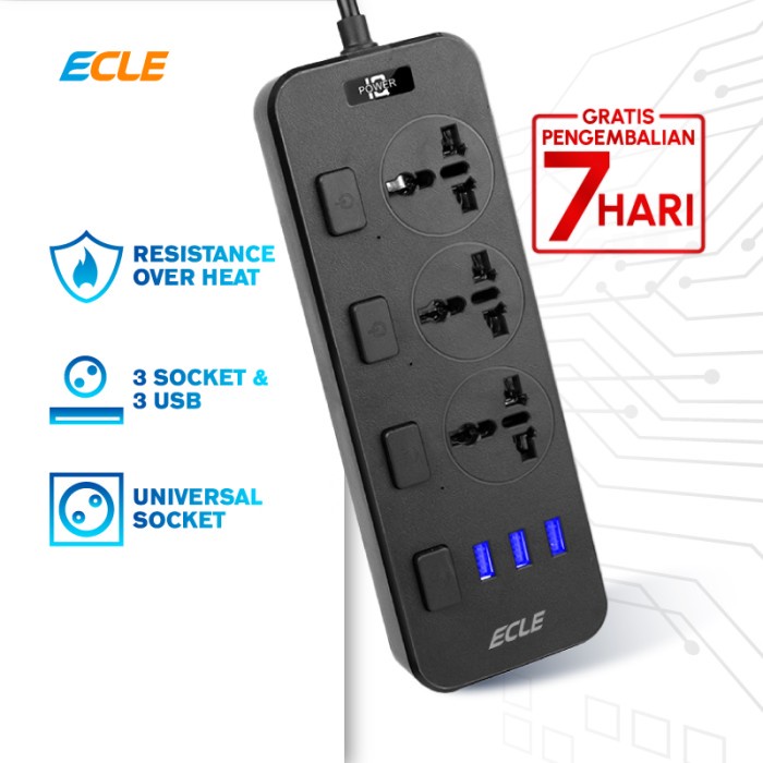 ECLE Universal Power Strip Stop Kontak 3 Power Socket 3 USB Port - Hitam