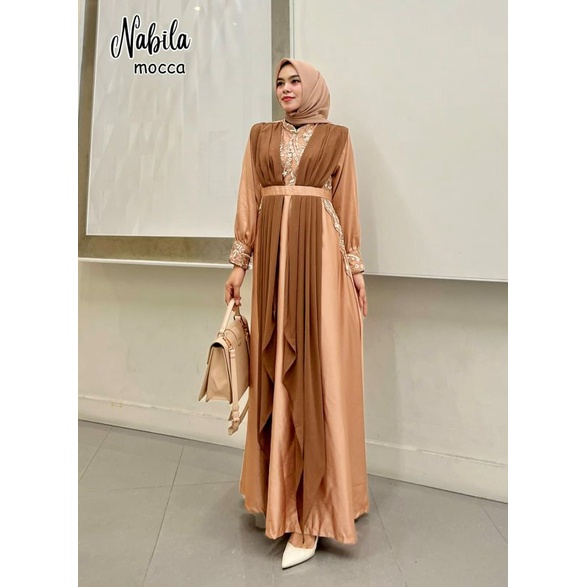 Nabila Maxy, GAMIW PESTA/GAMIS KONDANGAN SUPER CANTIK MEWAH MODIS MURAH FIT XXL LD 110 BAHAN SATIN VELVET MIX CERRUTY BABYDOLL OOTD