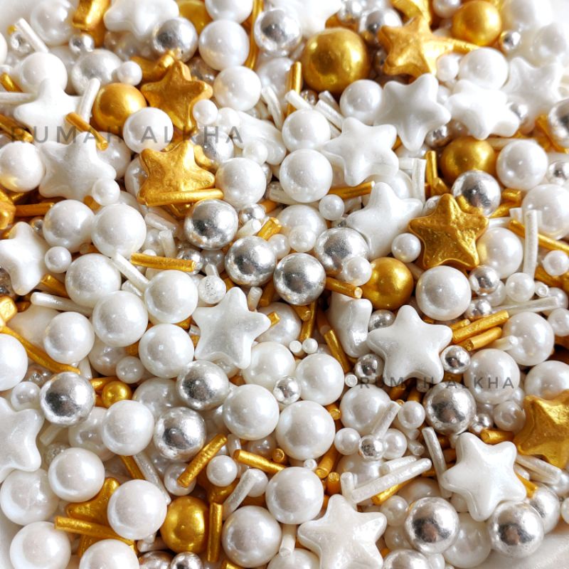 

Dazling Gold - Bintang Emas Putih Silver - Sprinkle - Spikel - Tirmit - Hiasan Kue Tart - Cupcake