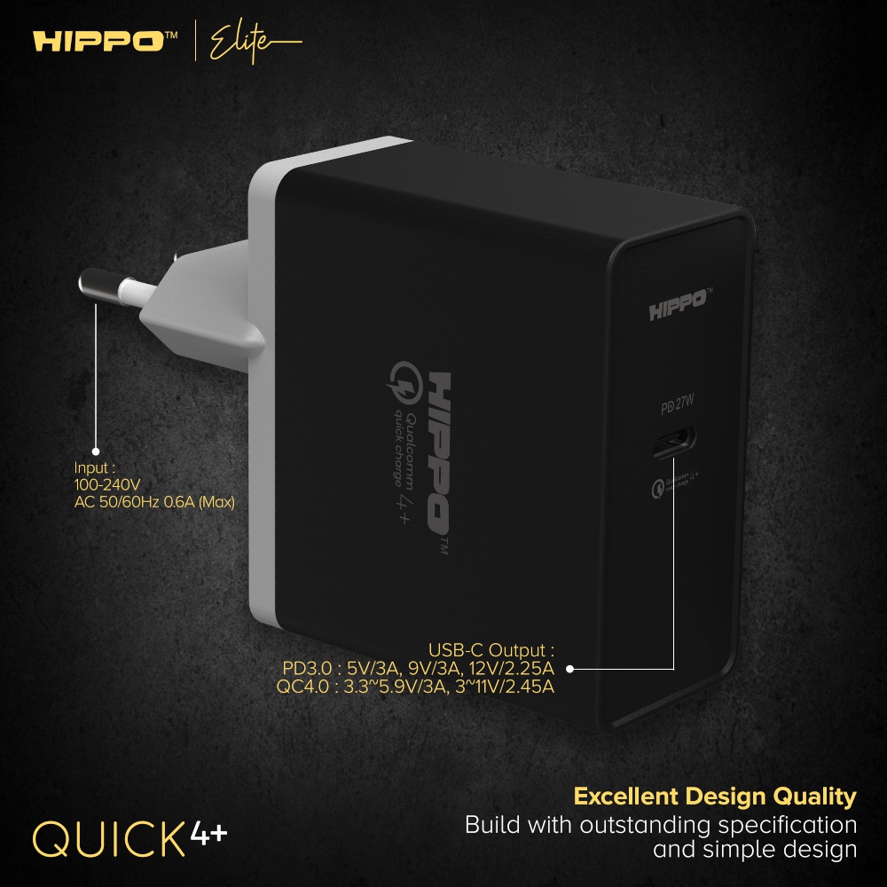 Hippo Adaptor Quick4+ PD 27W Quick Fast Charging 4.0 Travel Adapter Kepala Casan Colokan Charger Rumah type C Power Delivery QC Port Output USB C Super Fast