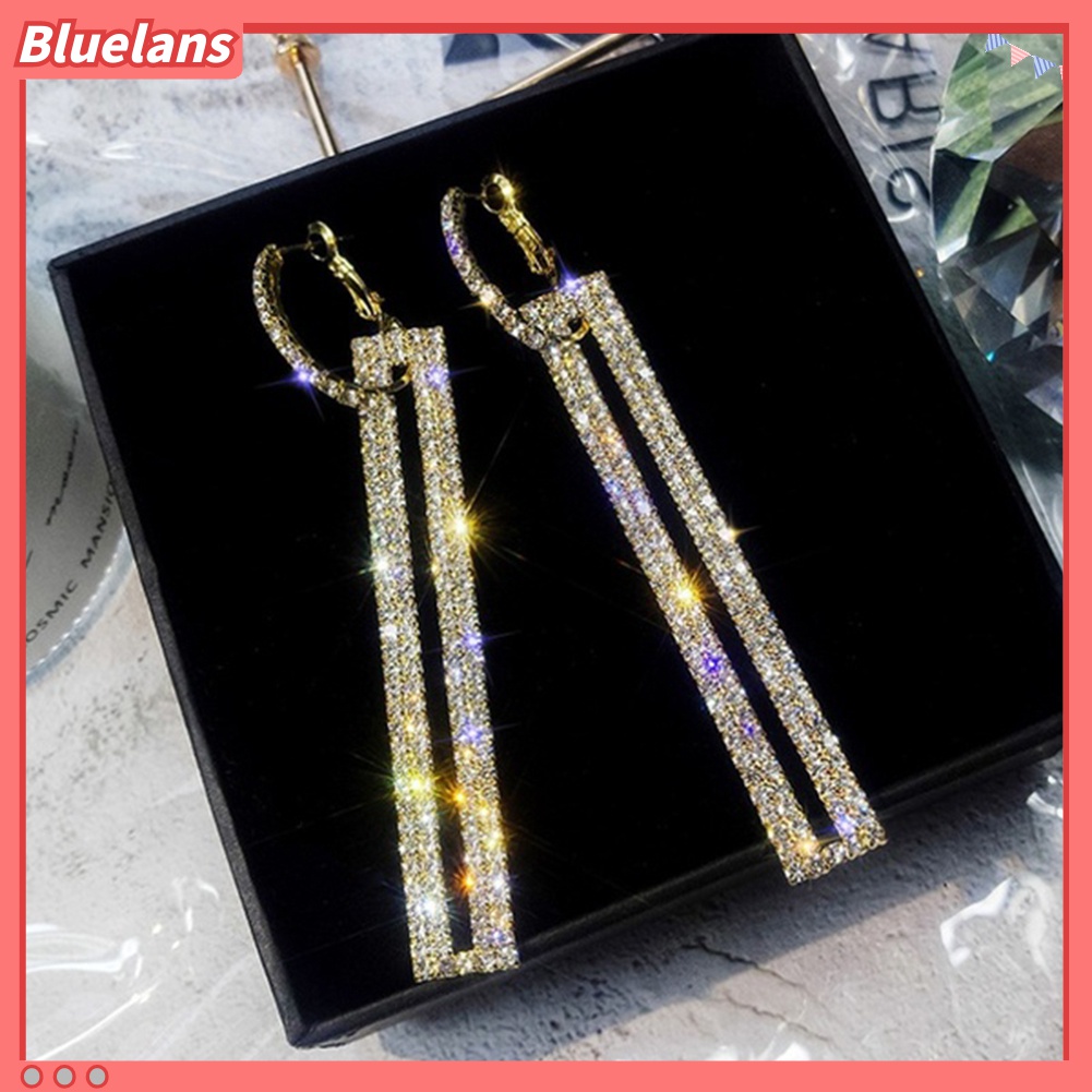 Anting Menjuntai Panjang Bentuk Persegi Panjang Geometris Aksen Berlian Imitasi Untuk Wanita