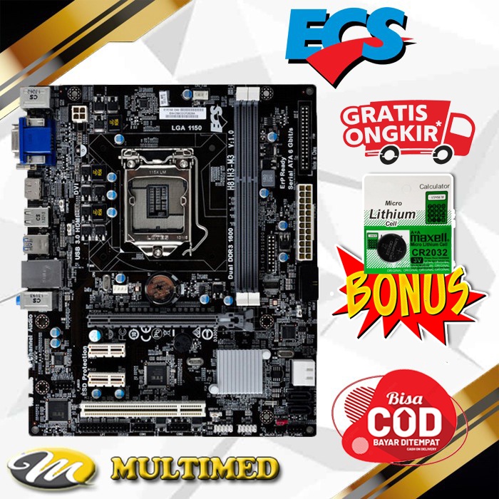 Promo Motherboard H81 1150 Ddr3 Ecs HDMI, USB 3.0 Bonus Batray Cmos