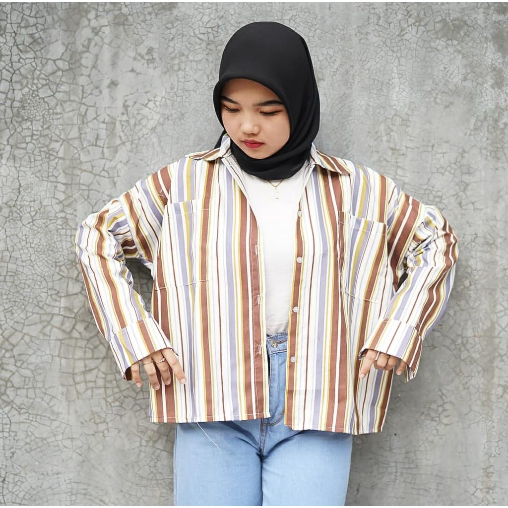 BEFAST - ZFS OOTD Kemeja AKURA /  HANAKO CUTE SHIRT / Kemeja Stripe Wanita Terbaru / Pakaian Kerja / Kem Bisa Di Jadikan Outer / Hem Motif Garis-Garis / Fashion Casual Wanita Trendy / Kemeja Lengan Panjang Termurah / Terlaris