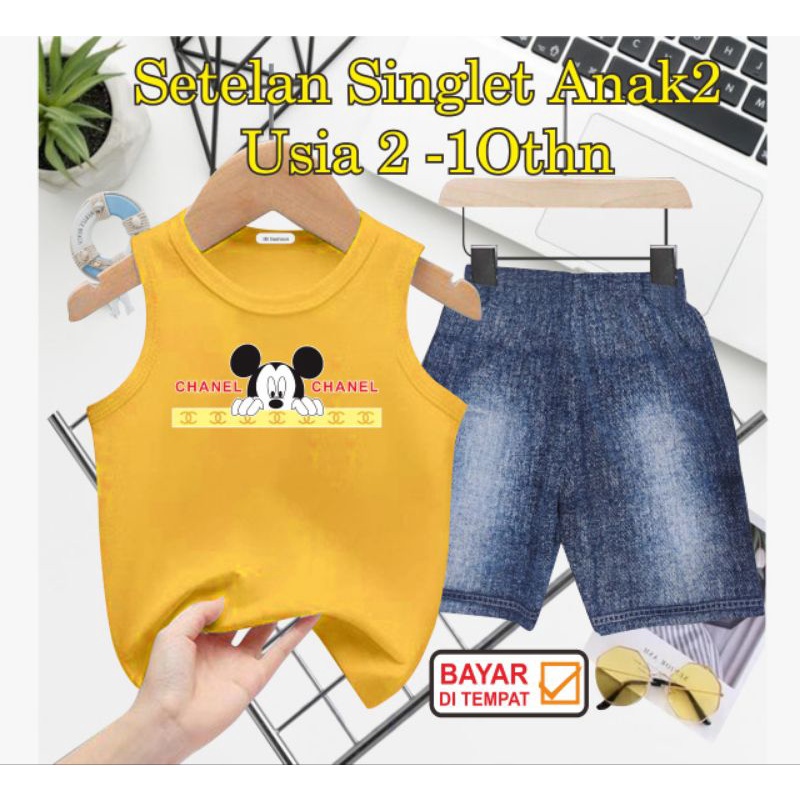 ((IB))SETELAN SINGLET ANAK SEMI JEANS/M1CK3Y DIGITAL SABLON