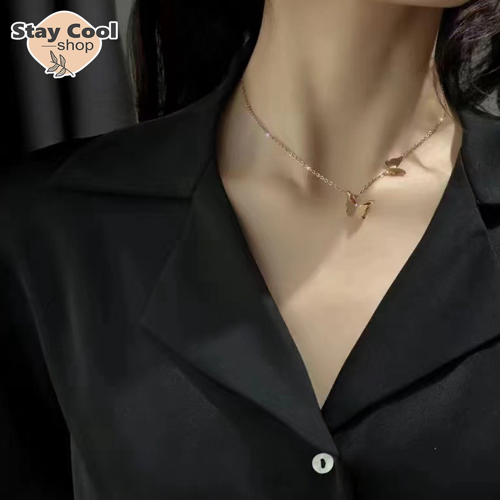 [ Bayar Ditempat ] Kalung Rantai Titanium Rose Gold Liontin Kupu Kupu Juntai / Accesories Wanita Kalung Titanium Original Anti Karat Selamanya / COD