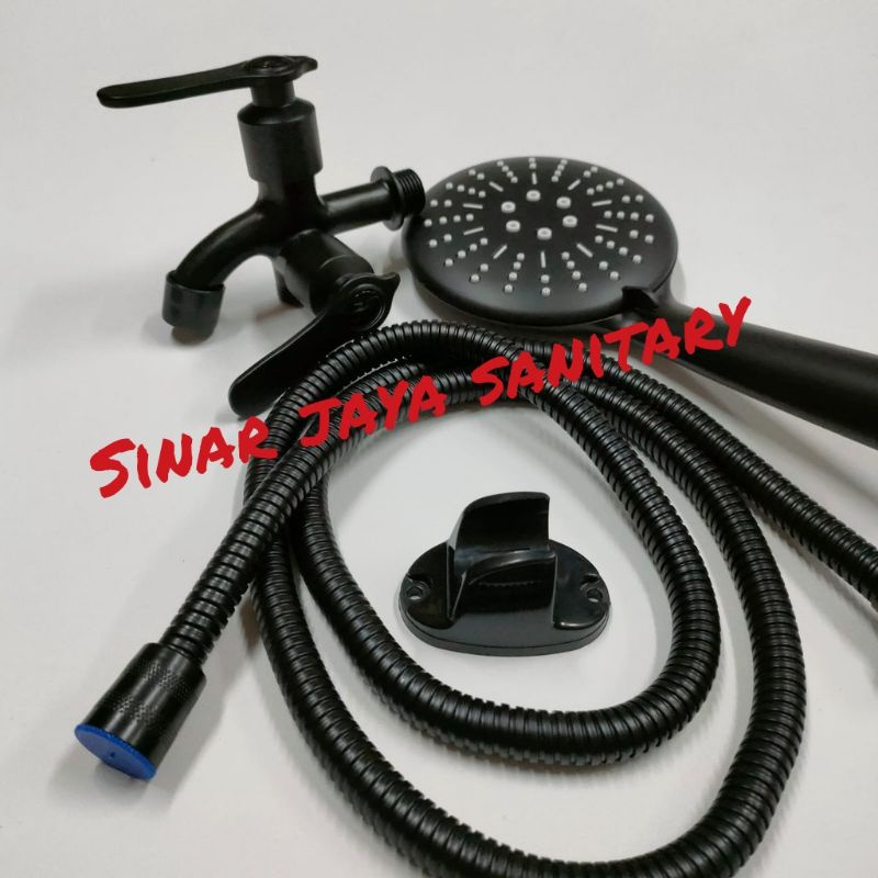 Hand shower bulat hitam set kran cabang / Kran cabang komplit hand shower hitam