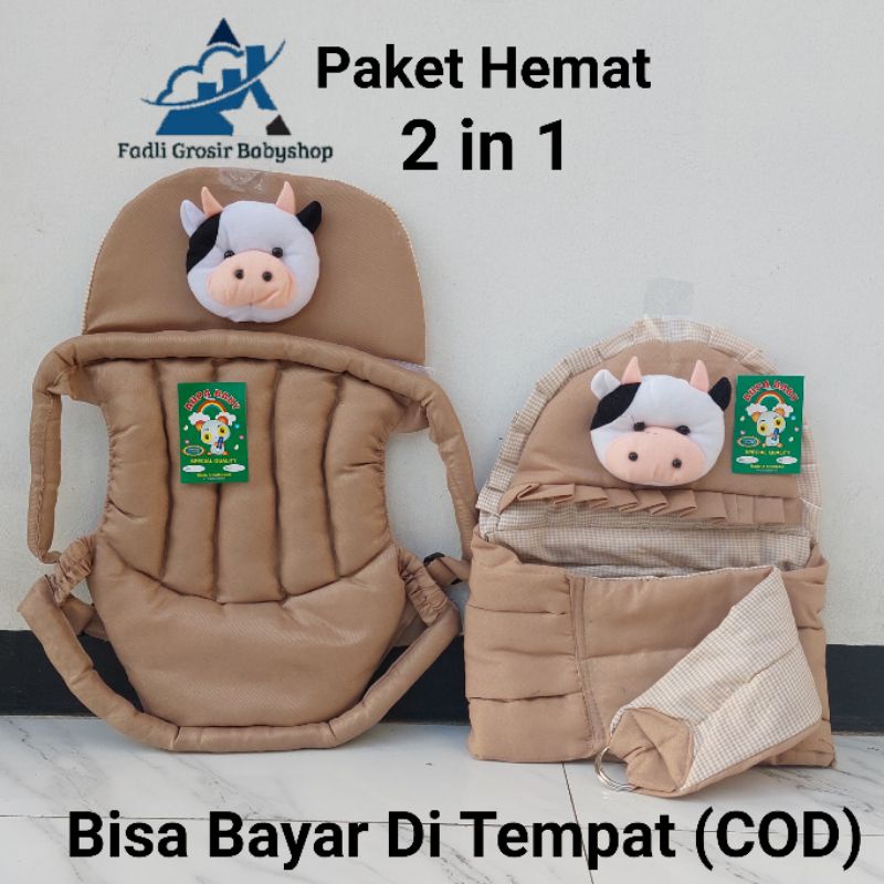 Paket Hemat (2 in 1) Gendongan Bayi Samping Topi Boneka Sapi Dan Gendongan Bayi Depan Topi Boneka Sapi Terbaru