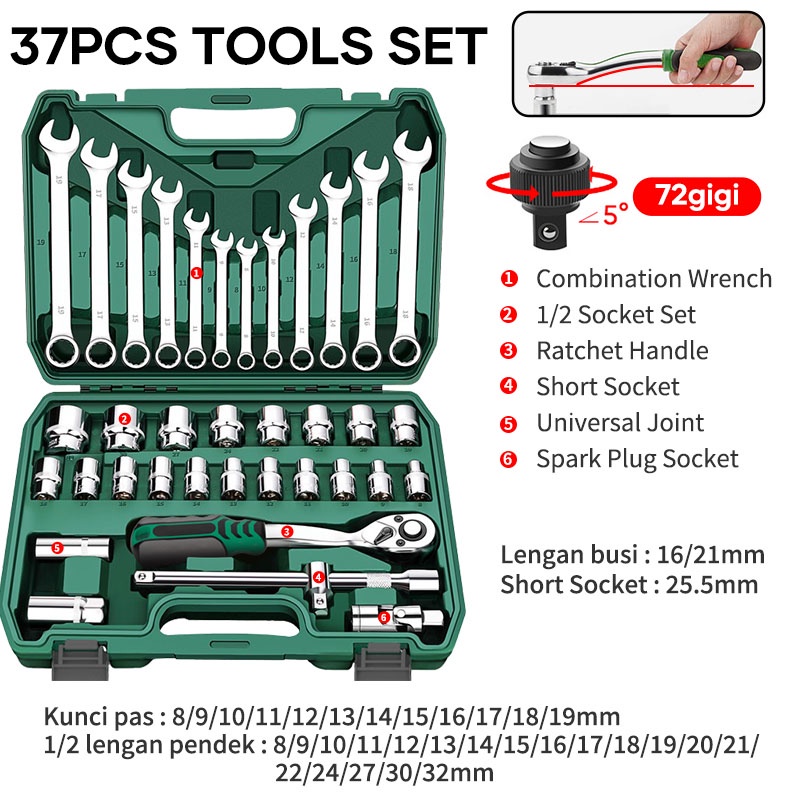 ISKU Kunci Shock Set 37pcs/Full Lengkap Socket Toolkit 37pcs Termasuk Kunci Pas Ring Set 12pcs Dan 21pcs Mata Shock