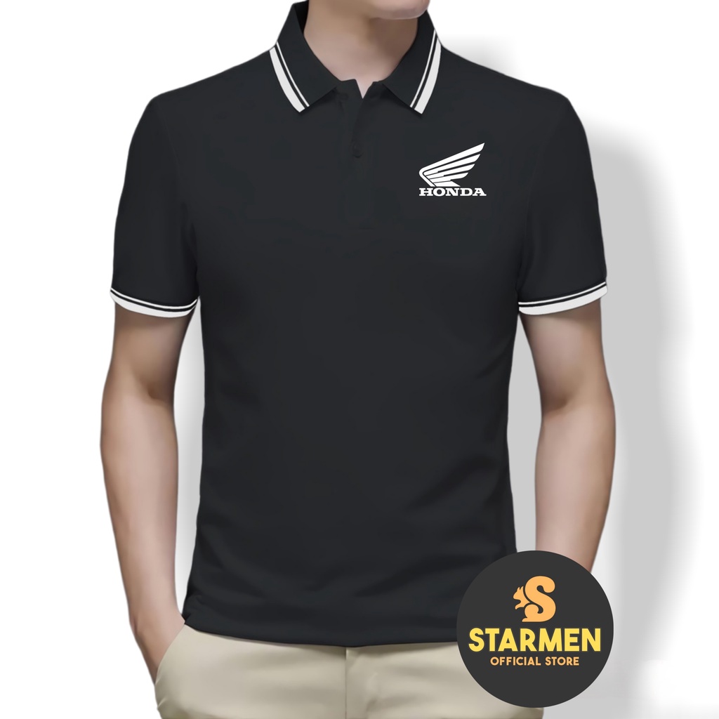 Kaos Polo Shirt Pria Kerah List Putih Logo HONDA