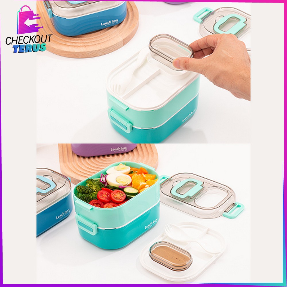 CT C696 Tempat Makan Set 2 Tingkat Anti Tumpah Dengan Pegangan Set BPA FREE Lunch Box Susun Free Sendok Portable