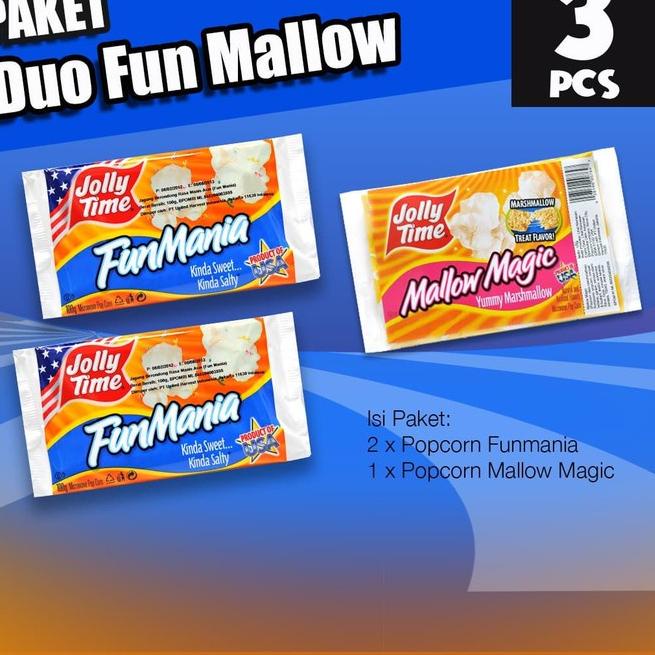 

Termurah dan terbaik Jolly Time - Paket Duo Fun Mallow (2FM, 1MM) - Mircowave Popcorn 