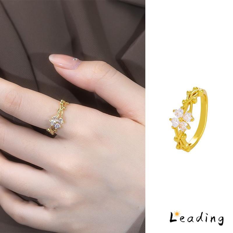 Cincin Bentuk Daun Clover Warna Emas Dan Silver Untuk Wanita Fashion Korea-Le