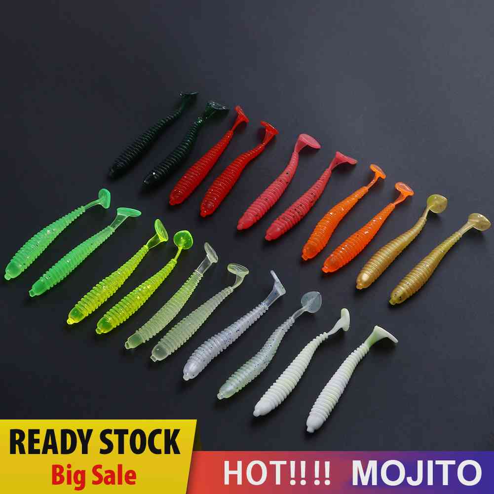 20Pcs Umpan Pancing Bentuk Cacing Ekor T Bahan PVC Lembut 10 Warna Ukuran 2g / 7.5cm