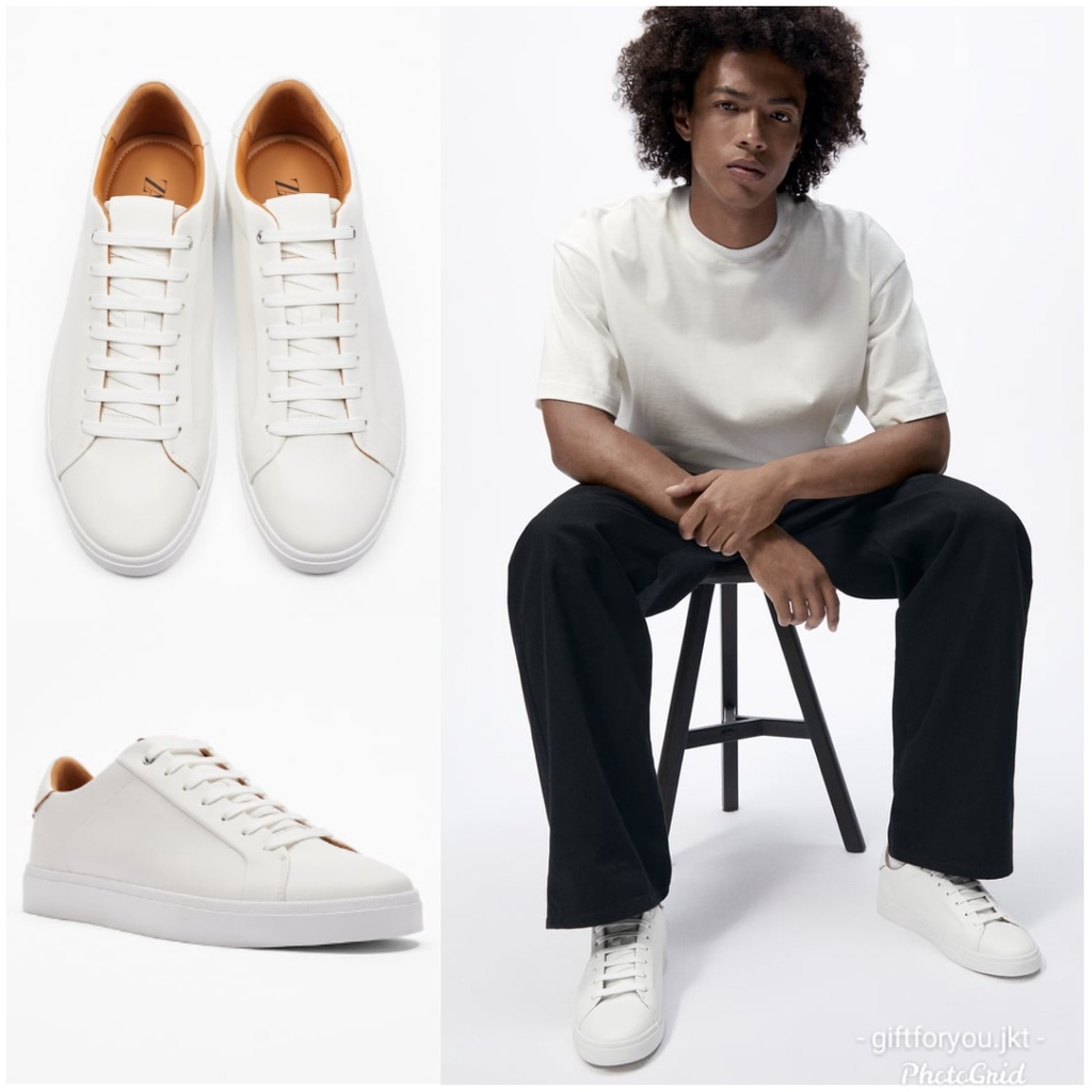 Sepatu Cowok Zara Laki-laki Man Shoes Sneaker MINIMALIST LACE-UP TRAINERS White Putih Pria Casual Ka
