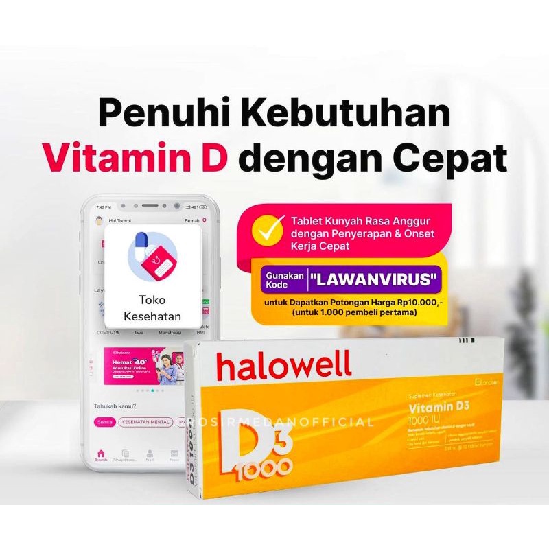 HALOWELL VITAMIN D3 1000 IU per strip - TABLET KUNYAH VIT D - SUPLEMEN KESEHATAN BAIK UNTUK LANSIA, IBU HAMIL MENYUSUI, KURANG TERPAPAR SINAR MATAHARI