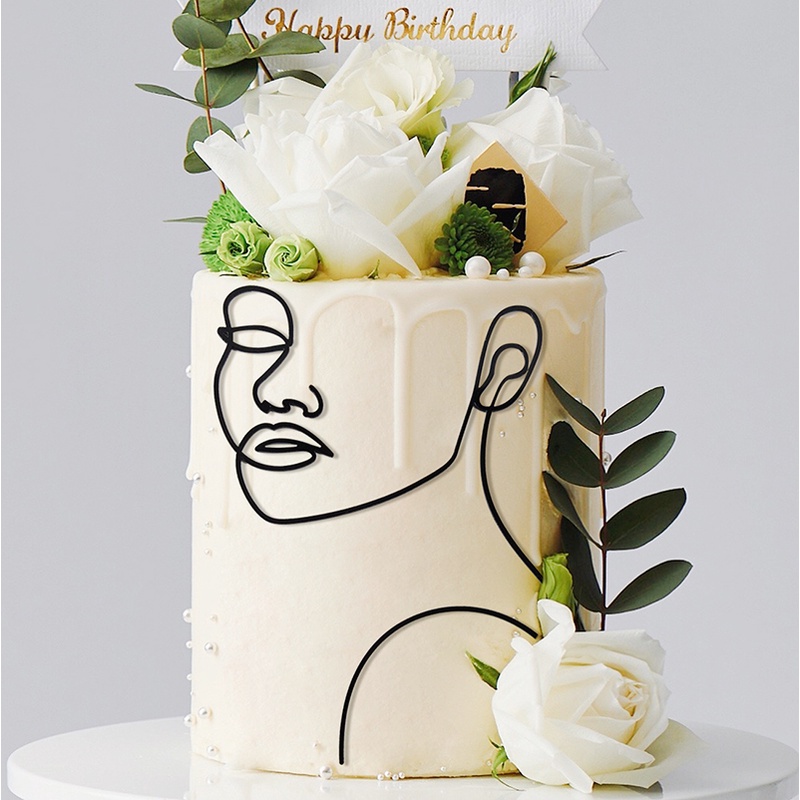 Topper Kue Desain Wajah Wanita Abstrak Bahan Akrilik Warna Hitam Emas Untuk Dekorasi Pesta Pernikahan