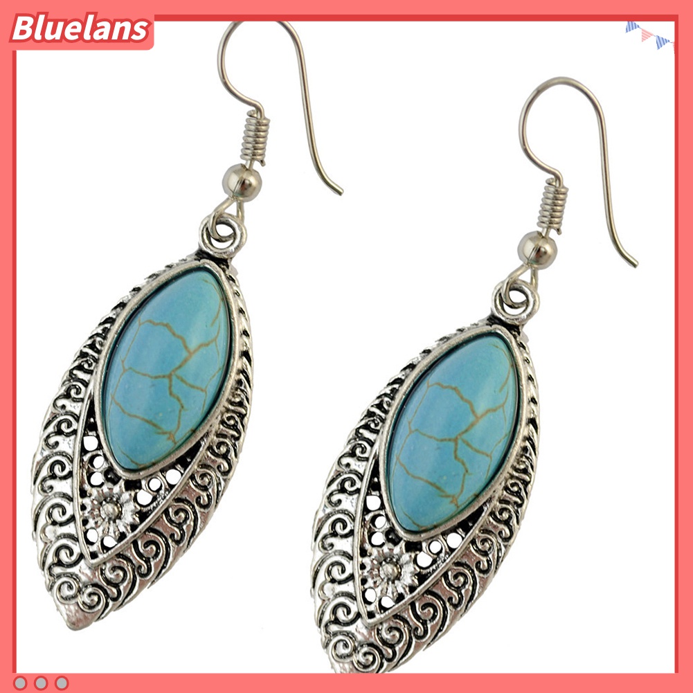 Anting Kait Gantung Desain Ukiran Hollow Hias Turquoise Imitasi Gaya Bohemian Untuk Wanita