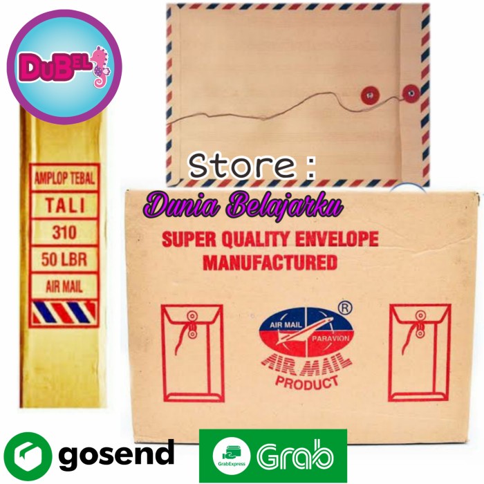 

Diskon Amplop Coklat Tali Folio 310 Air Mail [Per Pack Isi 50 Lembar] Limited