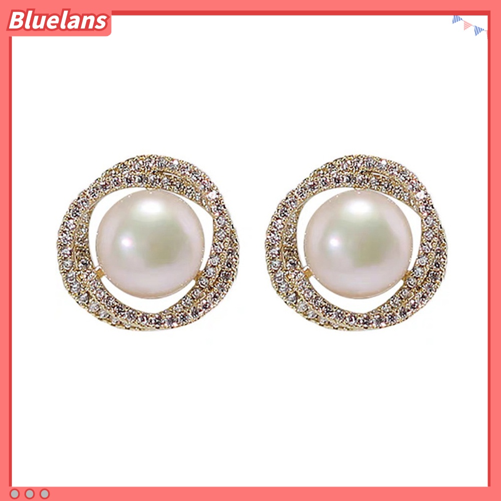 Anting Stud Silver Plated Bentuk Bulat Aksen Mutiara Tiruan Untuk Wanita